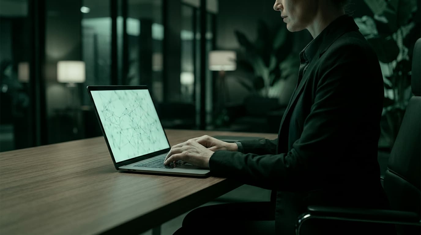 Professional using a laptop for secure AI enablement at work